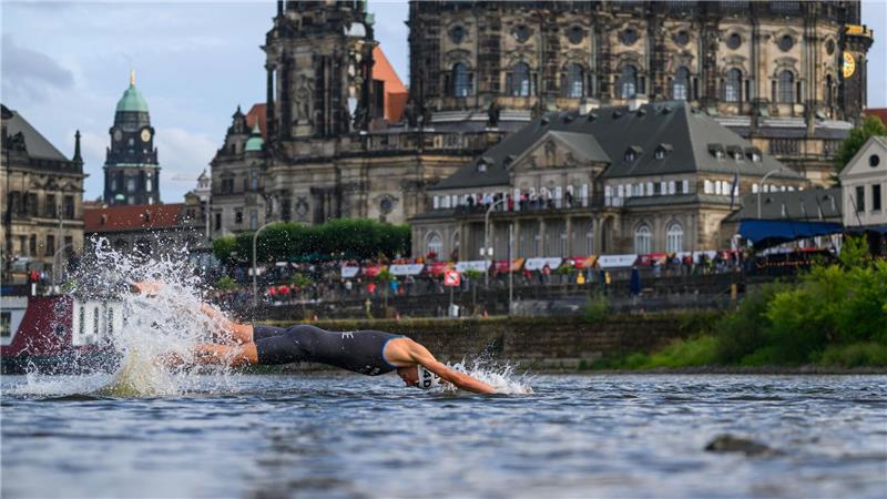  Ein Athlet springt bei der Deutschen Meisterschaft im Triathlon in Dresden in die Elbe.