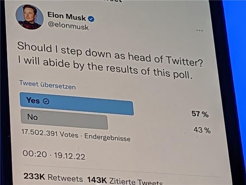 Twitter: Die Herrschaft von Elon Musk ist noch nicht vorbei 17,5 Millionen Twitter-Nutzer haben heute in einer Umfrage mehrheitlich für einen Rücktritt von Elon Musk als «Head of Twitter» gestimmt.