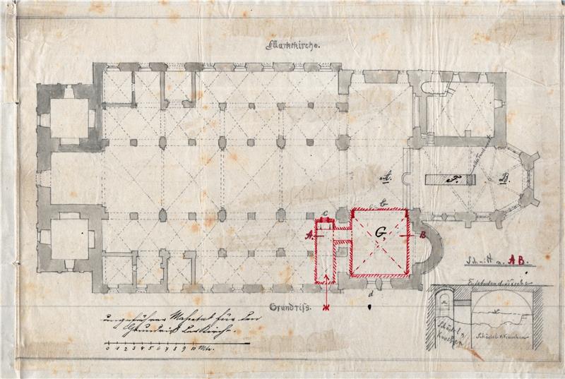 1896 markiert der Architekt Th. Schrader die Stellen, an denen nach einer Krypta und anderen Hohlräumen gesucht wurde. Rot umrandet: das mit Knochen gefüllte Beinhaus.