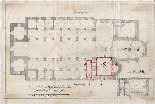 1896 markiert der Architekt Th. Schrader die Stellen, an denen nach einer Krypta und anderen Hohlräumen gesucht wurde. Rot umrandet: das mit Knochen gefüllte Beinhaus.