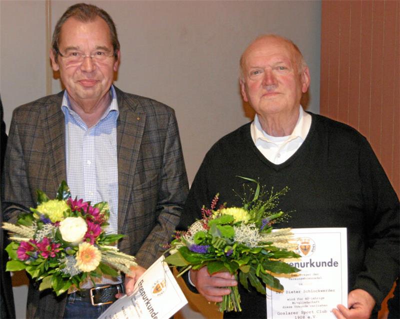 Ex-Bürgermeister Armin Kalbe wird heute 75 Jahre alt 2018 wird Armin Kalbe (links) zusammen mir Dr. Dieter Schlockwerder für 40 Jahre Treue zum Goslarer Sport Club geehrt.