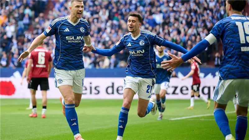 29. Minute: Edin Dzeko (links) erzielt das 1:0 für Schalke. Dejan Ljubicic und Vorbereiter Kenan Karaman (rechts) jubeln mit.