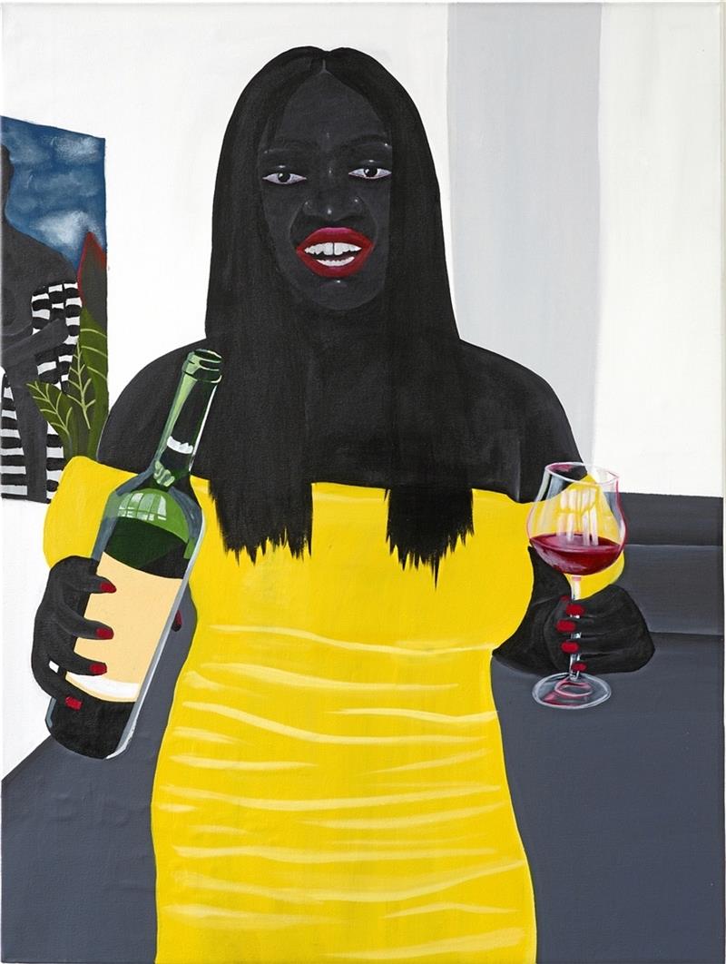„A Glass of“ lautet der Titel dieser Arbeit von Zandile Tshabalala, Acryl auf Leinwand, sie hängt in einer privaten Sammlung.  Fotos: ©Galerie Nagel Draxler