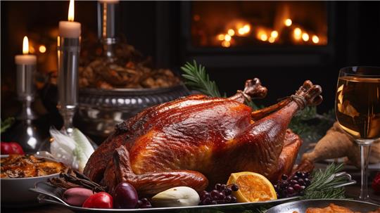 Auf dem Bild ist eine knusprige Weihnachtsgans auf festlich gedecktem Tisch zu sehen.