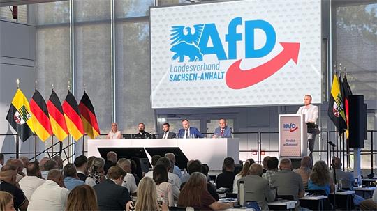 Ein Mann steht an einem Pult und spricht zu einem Saal. Der Saal ist mit Deutschlandflaggen geschmückt, außerdem ist ein großes AfD-Banner zu sehen.