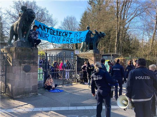 Aktivisten demonstrieren am Nürnberger Zoo gegen die geplante Tötung von Pavianen.