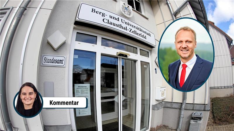 Das Bild zeigt den Eingang zur Stadtverwaltung in Clausthal-Zellerfeld. Eingeklinkt ist rechts im Bild ein Porträtfoto von Alexander Ehrenberg.