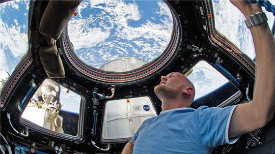 Alexander Gerst blickt während seines Fluges mit der Internationalen Raumstation ISS durch ein Fenster in der Kuppel auf die Erde.