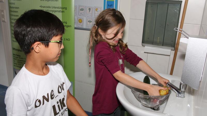 Grundschüler schnippeln gesundes Gemüse Ali und Colin waschen das Gemüse.
