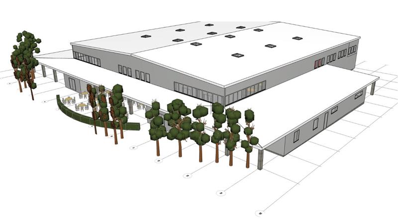 3D-Modell eines flachen, rechteckigen Gebäudes mit umlaufenden Fenstern und Bäumen entlang der Vorderseite