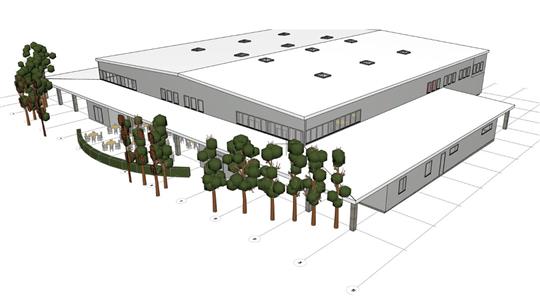 3D-Modell eines flachen, rechteckigen Gebäudes mit umlaufenden Fenstern und Bäumen entlang der Vorderseite