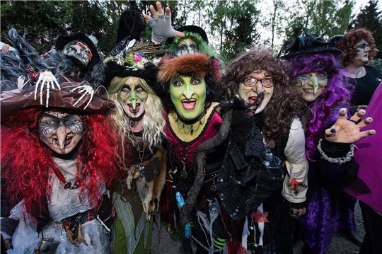 Als Hexen kostümierte Frauen posieren vor ihrem Hexentanz. Foto: Swen Pförtner, dpa/pa
