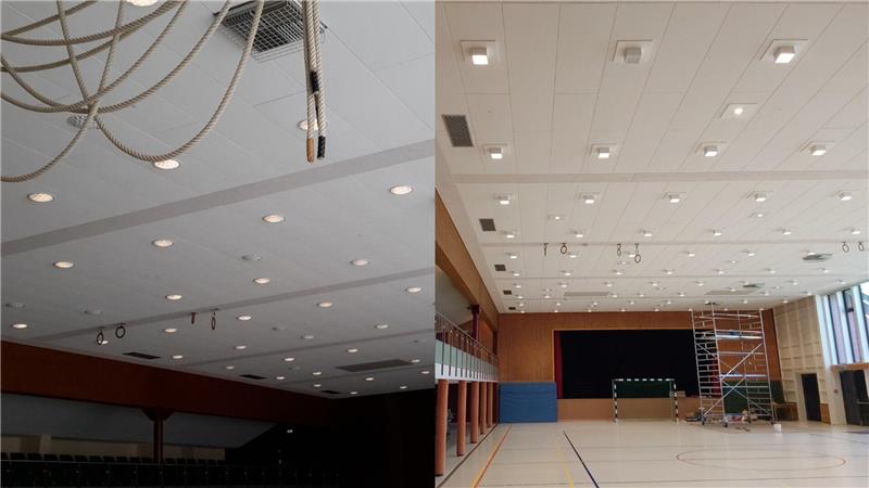 70.000 Euro: Clausthaler Stadthalle erstrahlt in neuem Licht Alt vs. Neu: Links ist die alte Beleuchtung der Stadthalle zu sehen und rechts erstrahlt sie in neuem Glanz.