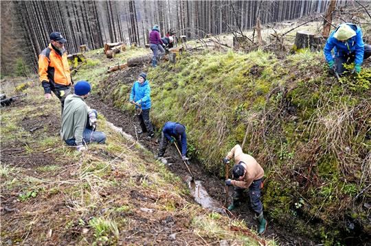 Am Donnerstag räumen die Helfer Eingänge zu zwei alten Bergwerksstollen frei. Das Bachbett wird auch ertüchtigt. Foto: Bode