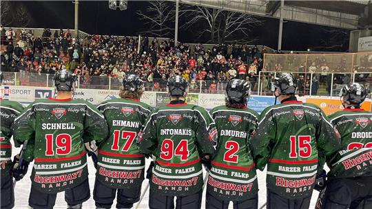 Sechs Eishockeyspieler in grünen Trikots stehen vor Zuschauern in einem Stadion.
