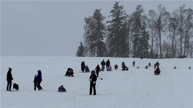 Das Foto zeigt einen Hang, auf dem Menschen stehen und den Schlittenfahrer hinunterrodeln.