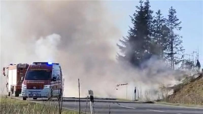 Mehr als zwei Hektar Wald stehen am Sonntag bei Sorge in Flammen An der Böschung von der B4 stehen bis in den nahen Wald hinein mehr als 250 Quadratmeter Fläche in Flammen.
