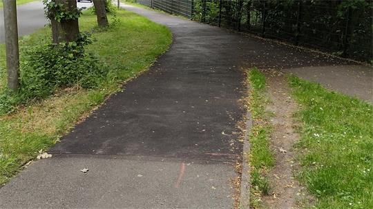 Asphaltierter Weg mit einem schmalen, unbefestigten Trampelpfad rechts daneben und Bäumen links
