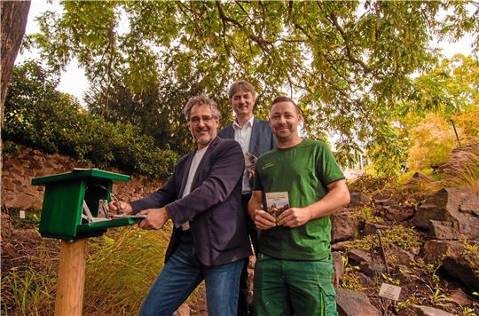 Andreas Nowak (von links) und Matthias Lux vom Vorstand des Vereins Pro Halle und Steven Engel, technischer Leiter der Harzer Wandernadel GmbH weihen die neue Stempelstelle ein. Foto: Privat