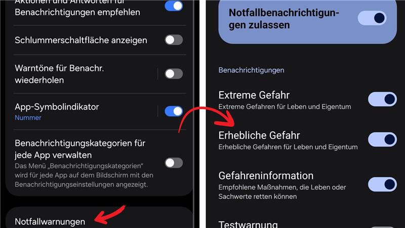 Warntag 2025: 5 Gründe, warum es nicht funktioniert Android: Unter Notfallwarnungen alle Regler nach rechts schieben.