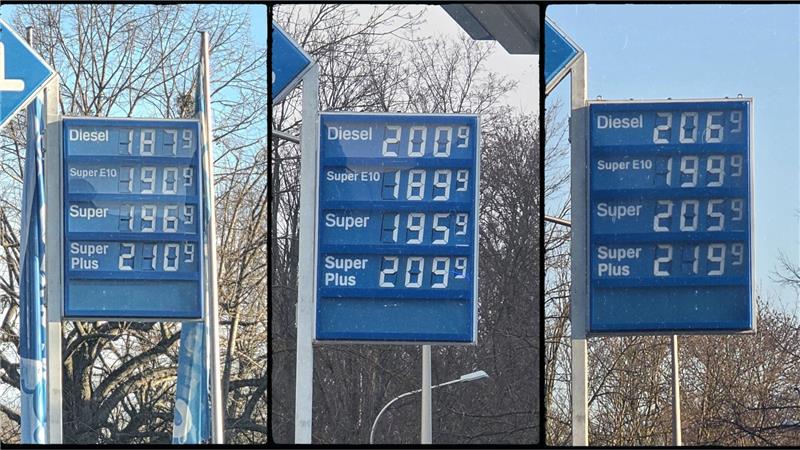 Eine Tankstelle mit Preistafel.