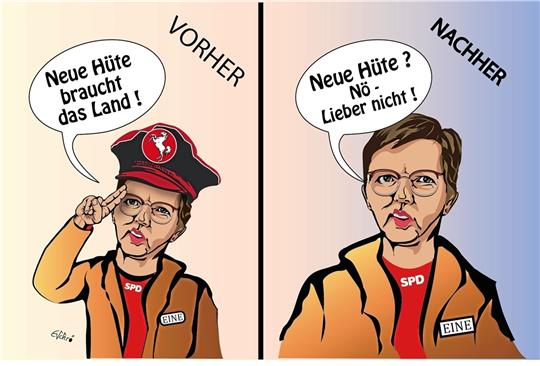 Anfang der Woche wollte sie noch, am Mittwochabend nicht mehr: SPD-Chefin Annett Eine steht für eine Landtagskandidatur nicht zur Verfügung, weil sie selbst sich mit ihrem Vorstand schon im Dezember für Fraktionschef Martin Mahnkopf ausgesprochen hat. Karikaturist Ernst Schröder fliegt in dieser Angelegenheit glatt der Hut weg.
