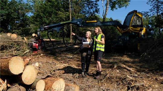 Anna Nolte (li.) und Carolin Kluger vom Landschaftspflegeverband Goslar inspizieren die Arbeiten, die auf ehemaligen Bergwiesenstandorten bei Hohegeiß erfolgen.
