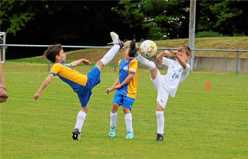 Cup der GZ: Ein starker Magnet für den Jugendfußball Artistisch, wenn auch nicht ganz regelkonform, kämpfen die G-Junioren von Germania Lamme (l.) und der JVF Flenithi Süd um den Ball.