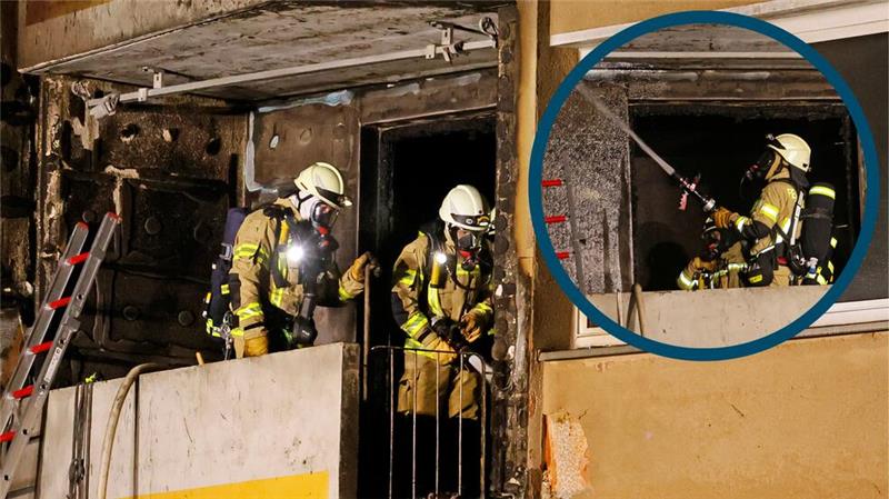 Atemschutzträger der Freiwilligen Feuerwehr Goslar löschten in der Nacht auch auf dem Balkon der betroffenen Wohnung.