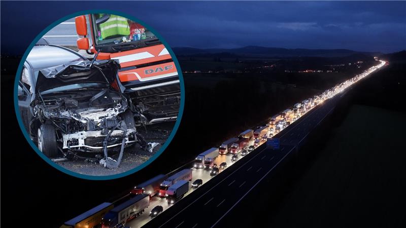 Eine Luftaufnahme von einer Autobahn, auf der es sich staut und ein kleines eingeklinktes Bild auf dem ein Zusammenstoß zwischen einem Lastwagen und einem Auto sichtbar ist.