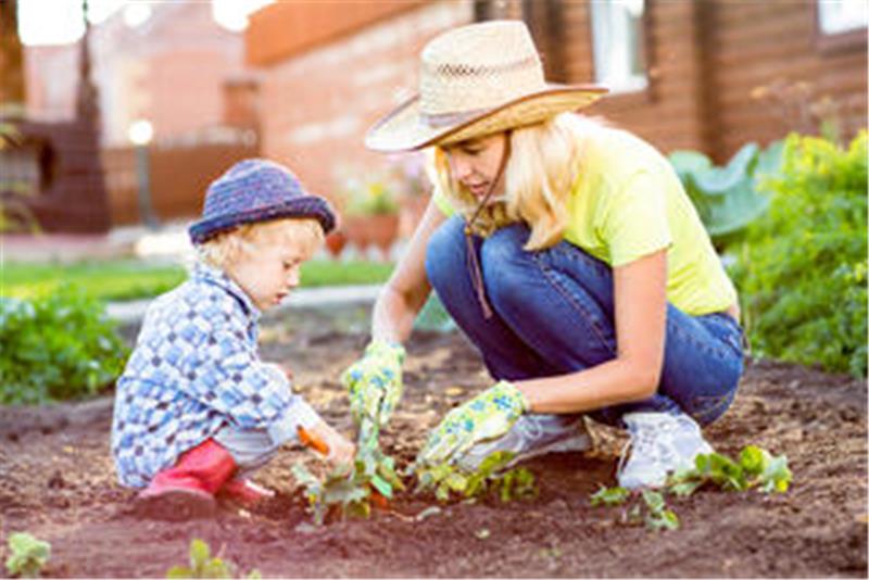 Eine Frau und ein Kind bei der Gartenarbeit. 