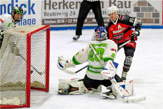 Auch der passt: Regan Nagy markiert einen seiner sieben Treffer beim 20:1 der Harzer Falken gegen Wunstorf. Torhüter Danny Sellmann hat das Nachsehen und lässt sich wenig später auswechseln. Foto: Drechsler