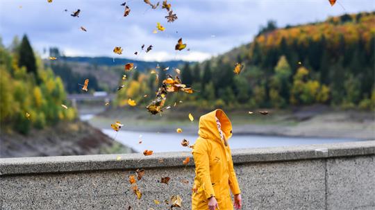 Eine Frau schaut an der Okertalsperre im Harz im Sturm fliegenden Blättern hinterher, die sie zuvor zur Belustigung ihres Sohnes in die Luft geworfen hatte.