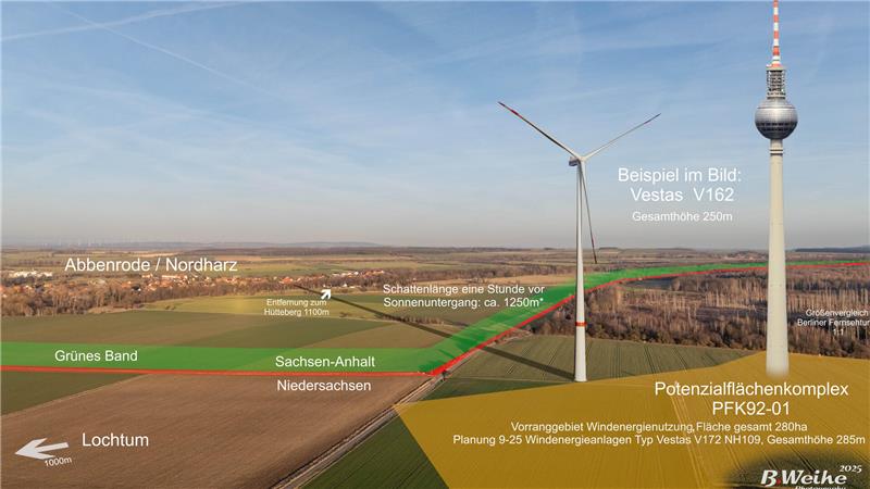 Hier sollen sich im Nordharz die Windräder drehen Auch jenseits der Ecker mobilisieren jetzt Windparkgegner gegen die Pläne im Raum Lochtum, Bettingerode, Westerode. Der Abbenröder Benjamin Weihe hat dazu in seiner Montage einer Windkraftanlage im Nordharz den Berliner Fernsehturm gegenübergestellt.
