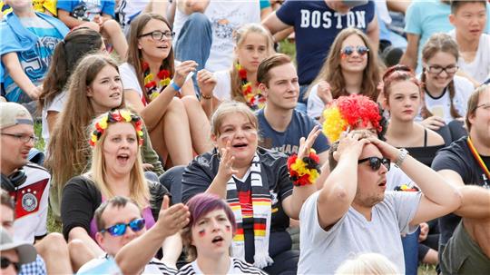 Gruppe von Menschen auf Tribüne, einige tragen Deutschland-Fanartikel wie Schals und Perücken in den Nationalfarben.