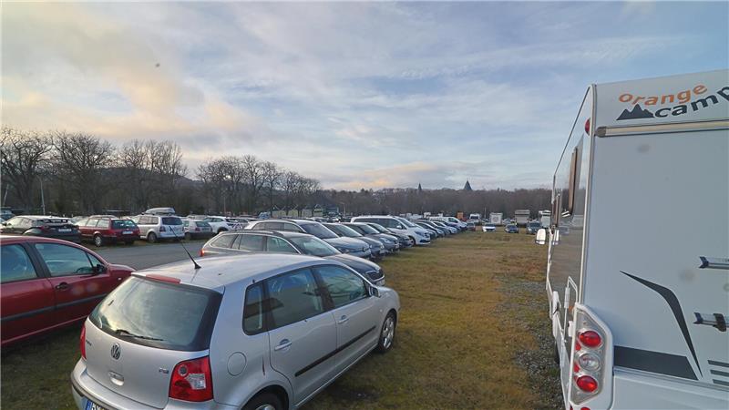 Am Super-Samstag kommen Besucher aus ganz Deutschland Mehrere geparkte Autos und ein Wohnwagen auf einem Feld, im Hintergrund Bäume und ein Kirchturm.