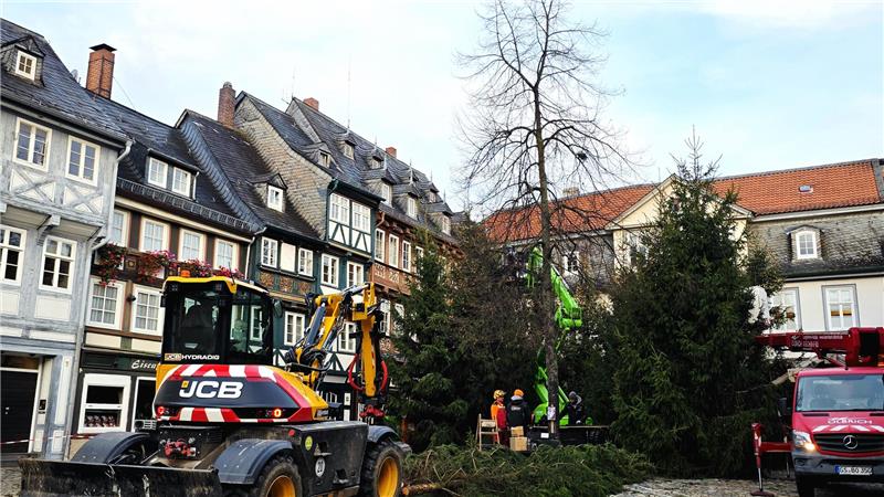 Auf dem Schuhhof werden die Bäume aufgestellt. 