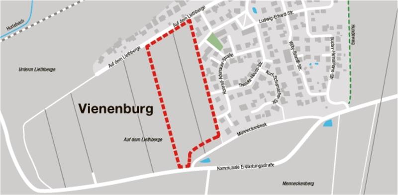 Auf dem Vienenburger Liethberg soll das Wohnbaugebiet erweitert werden. Nachdem die Sparkasse  abgesprungen ist, sucht die Stadt  einen neuen  Investor für die  Erschließung. Grafik: GZ