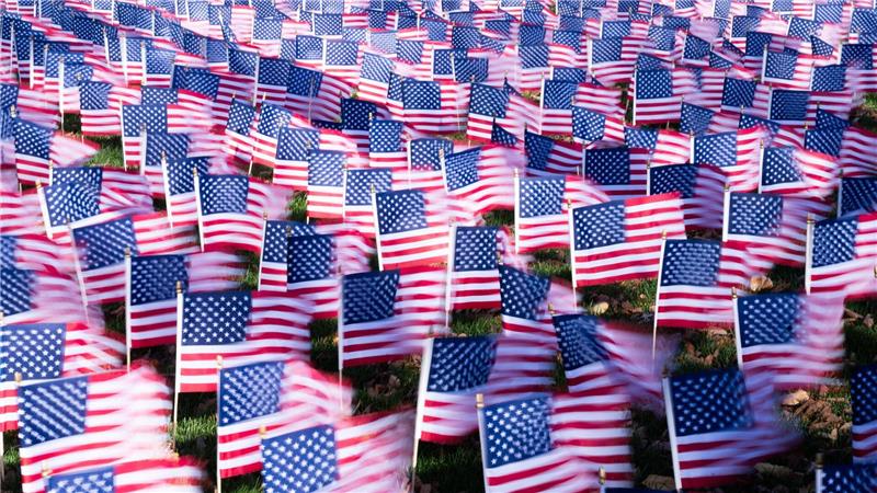 Auf der National Mall in Washington wehen Flaggen im Wind.