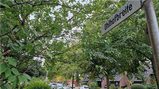 Straßenschild mit der Aufschrift 'Ohlhofbreite' an einem Baum in einer von Bäumen gesäumten Wohnstraße mit geparkten Autos und Häusern im Hintergrund.
