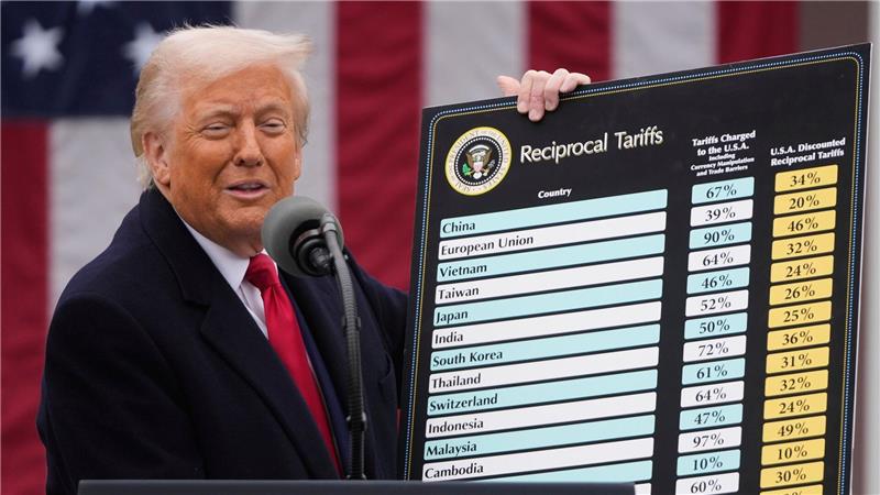 Schweiz erhebt keine Gegenzölle Auf der Schautafel von Präsident Trump steht die Schweiz mit 31 Prozent Zöllen.