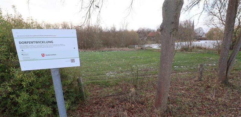 Rasenfläche am Mühlenteich in Lutter, Schild weist auf Förderung durch das Programm "Dorfentwicklung" hin.