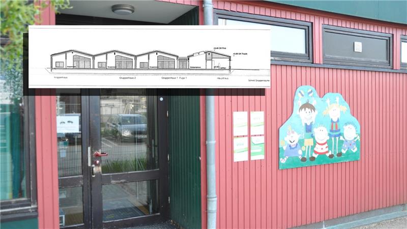 Die Hahndorfer Kita und schwarz-weiße technische Skizze für den Neubau.
