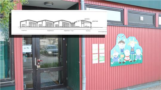 Die Hahndorfer Kita und schwarz-weiße technische Skizze für den Neubau.