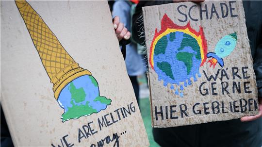 Auf einem Klimaprotest machen Plakate auf die eskalierende Krise aufmerksam. (Symbolbild)