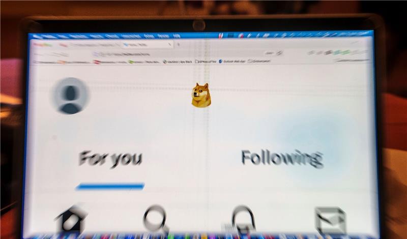 Auf einem Laptop-Display ist die Startseite von Twitter zu sehen, die anstelle des Twitter-Logos das Symbol der Digitalwährung Dogecoin zeigt.