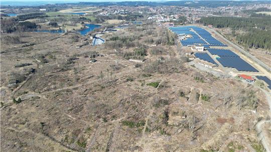 Eine Drohnenaufnahme zeigt das Gelände von Werk Tanne, den noch unbebauten Teil, ebenso wie den bereits bestehenden Solarpark und die Pflanzenkläranlage.