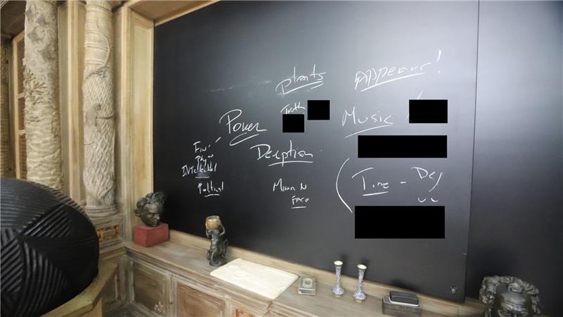 Auf einer Tafel sind die handgeschriebenen Worte „Macht“, „Täuschung“ und „Wahrheit“ zu lesen.