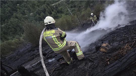 Auf einer verkohlten Fläche zwischen Steinberg und Granetalsperre löschen Feuerwehrleute letzte Brandnester. Der Berg in dem Gebiet wird "Verlorener Berg" genannt.