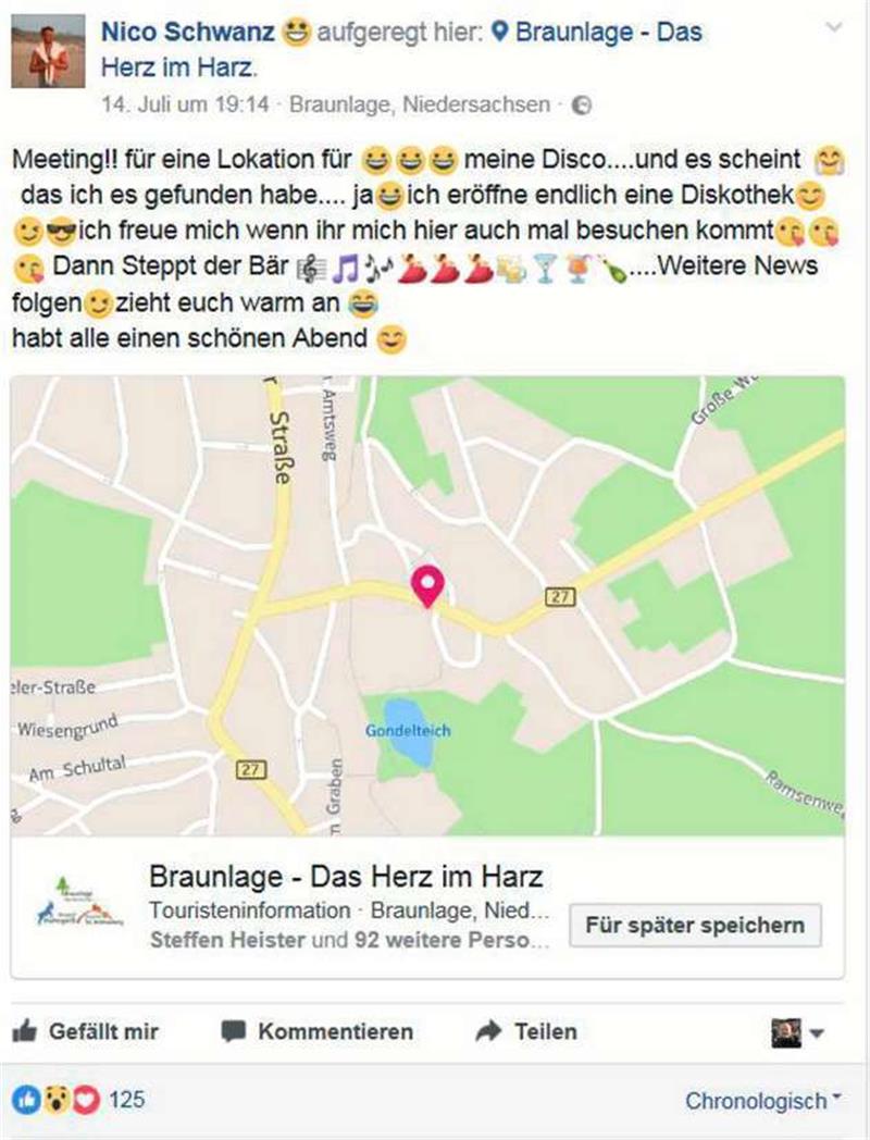 Auf seiner Facebook-Seite kündigt Nico Schwanz sein Vorhaben an, eine Diskothek in Braunlage betreiben zu wollen. Der markierte Platz zu der Ankündigung ist übrigens die Tourist-Info. Foto: Facebook-Screenshot